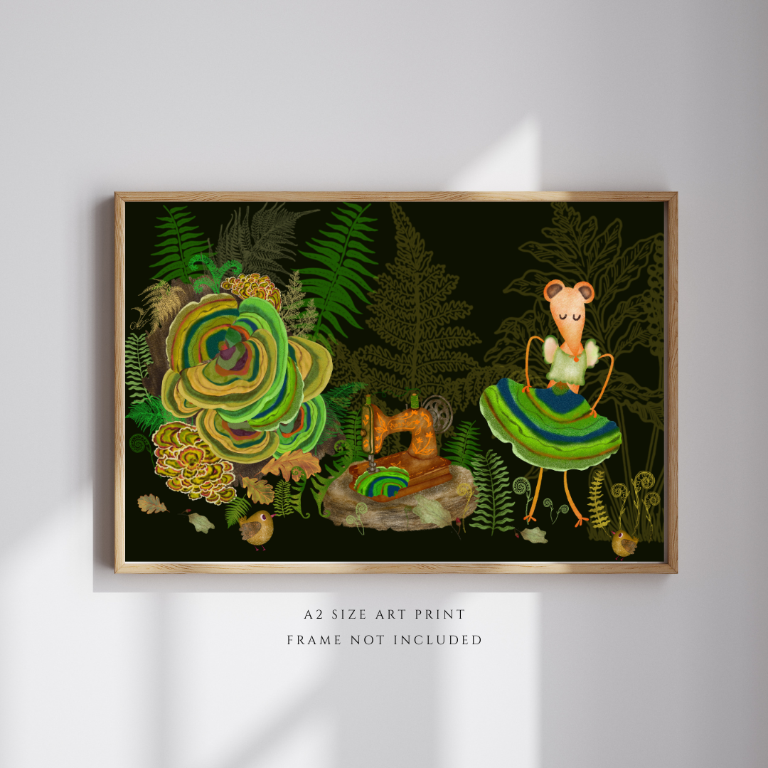 Turkey Tail Mushrooms and Mouse Seamstress Wall Art - A2 Art Print (42 x 59.4  cm)