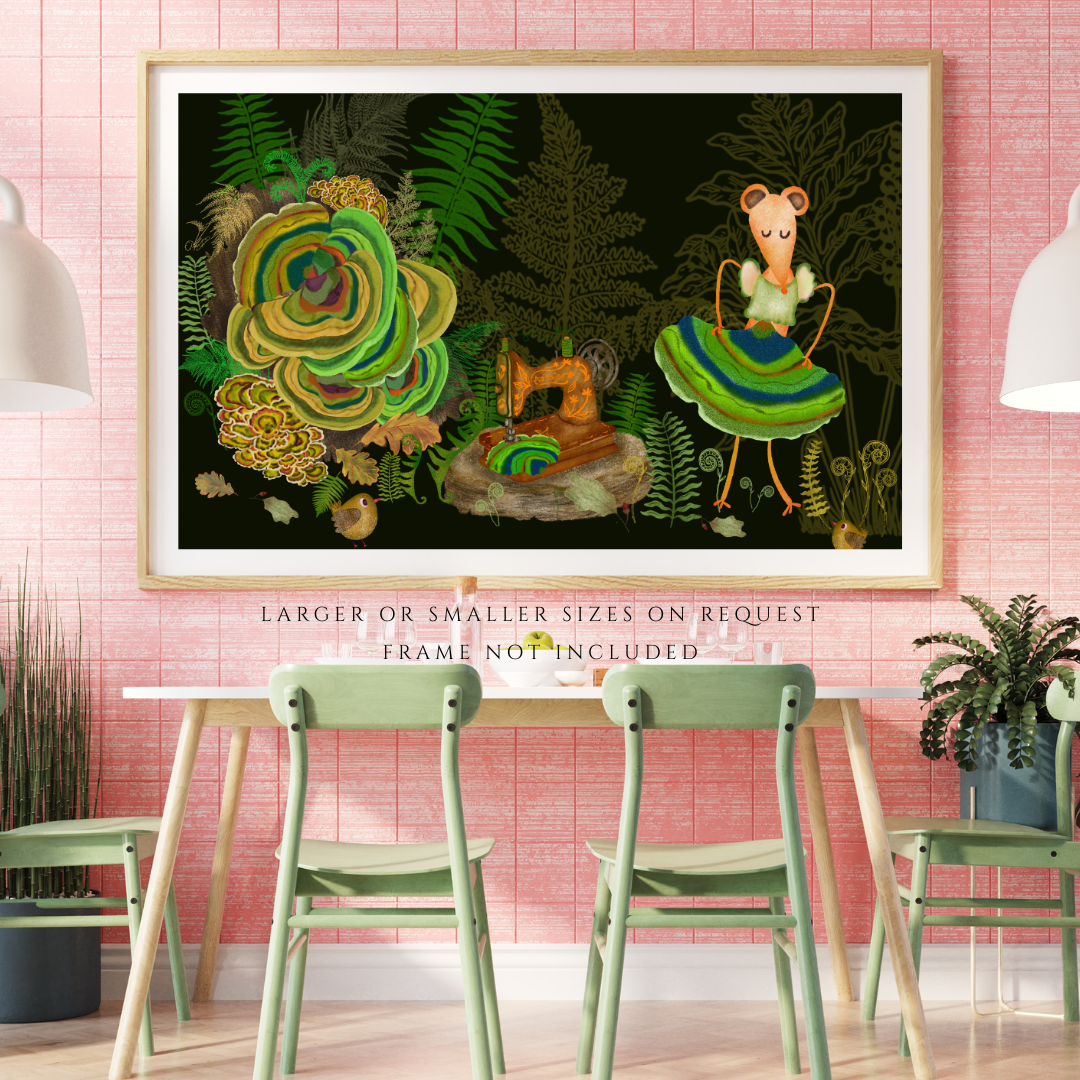 Turkey Tail Mushrooms and Mouse Seamstress Wall Art - A2 Art Print (42 x 59.4  cm)