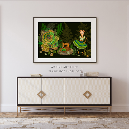 Turkey Tail Mushrooms and Mouse Seamstress Wall Art - A2 Art Print (42 x 59.4  cm)