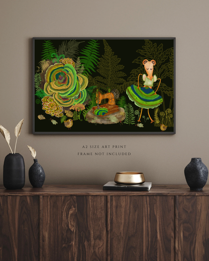 Turkey Tail Mushrooms and Mouse Seamstress Wall Art - A2 Art Print (42 x 59.4  cm)