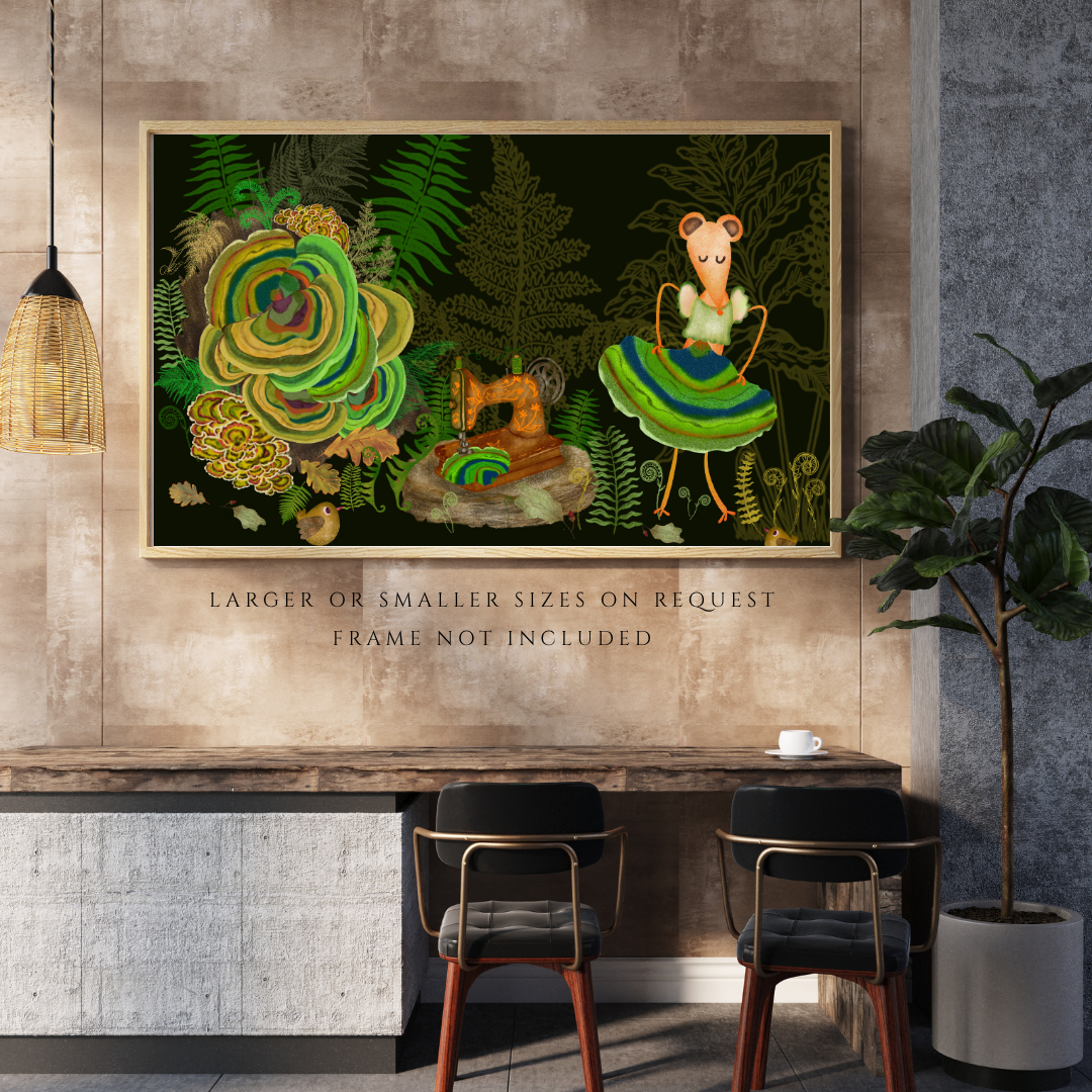 Turkey Tail Mushrooms and Mouse Seamstress Wall Art - A2 Art Print (42 x 59.4  cm)
