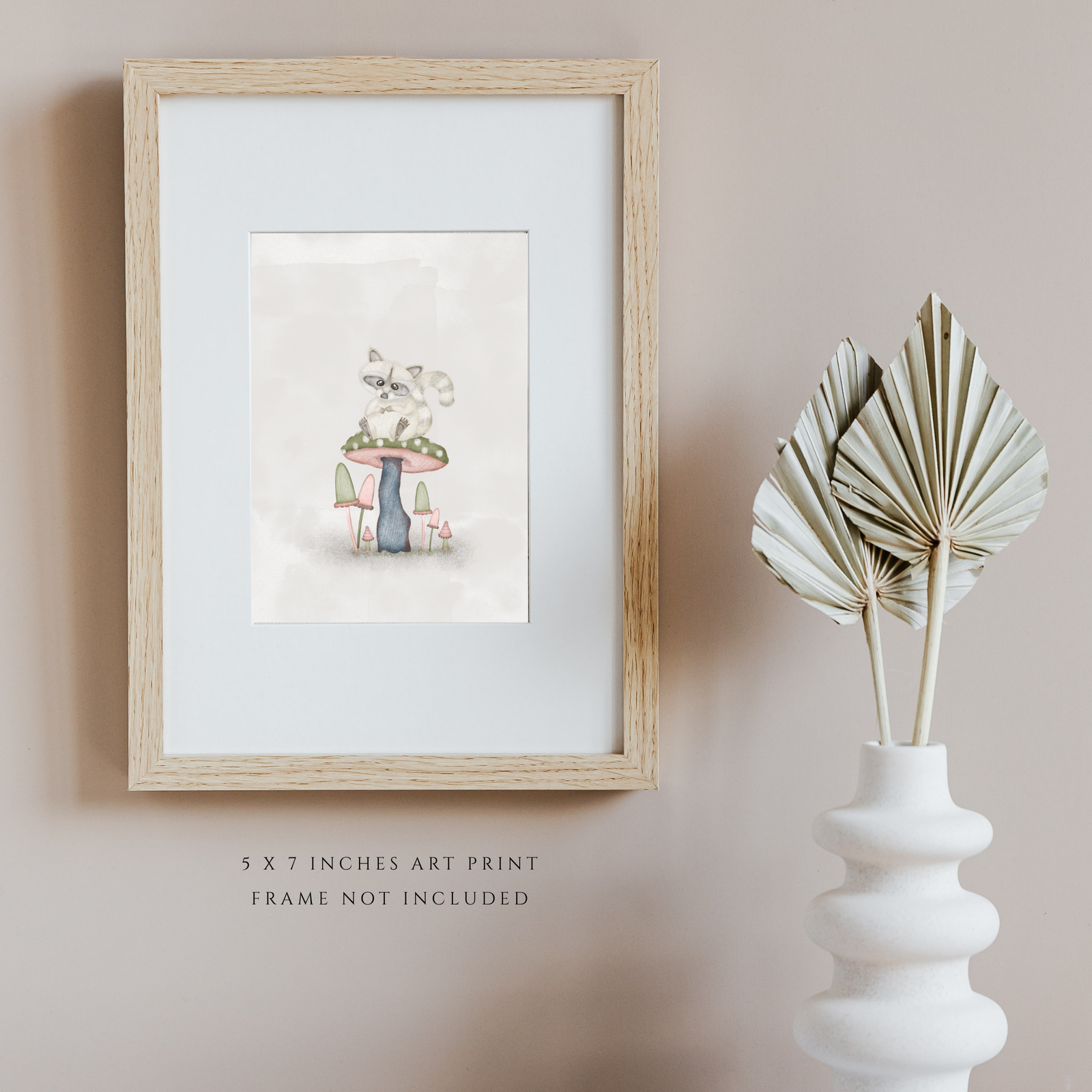 Resting Raccoon in Mushroom Woodland Illustration (5" x 7" Art Print)