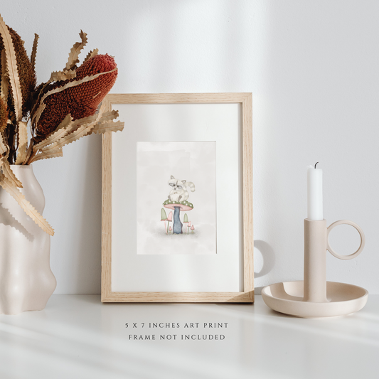 Resting Raccoon in Mushroom Woodland Illustration (5" x 7" Art Print)