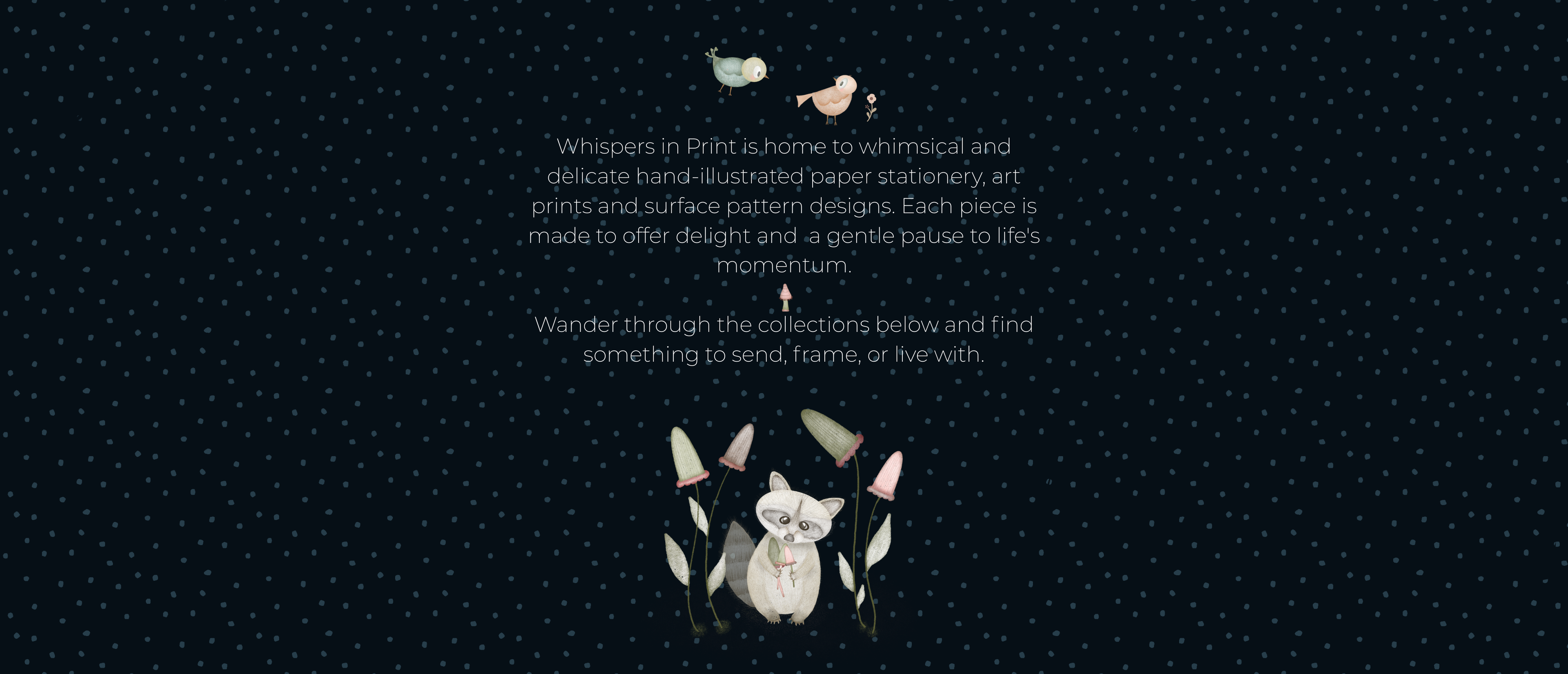Hand-drawn woodland illustration featuring birds, a raccoon, and mushrooms, whimsical stationery art from Whispers in Print.
