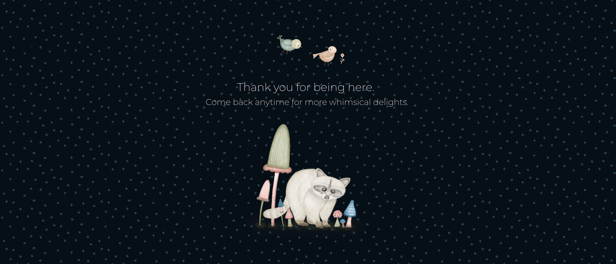 Hand-drawn woodland birds, raccoon and mushrooms illustration on a polka dotted lthank-you card, whimsical stationery by Whispers in Print.