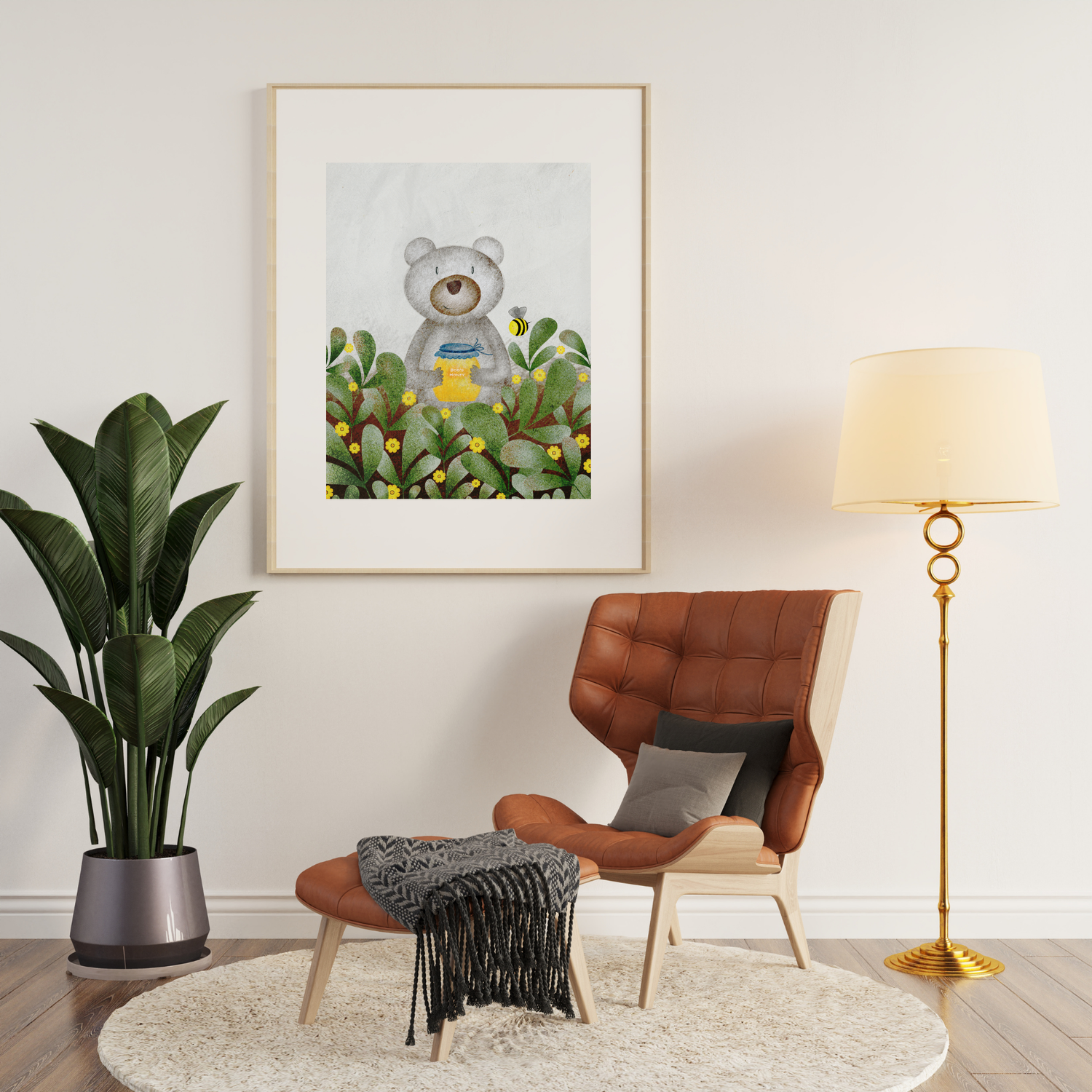 Art print of a hand-drawn woodland honey bear illustration, wall art by Whispers in Print.