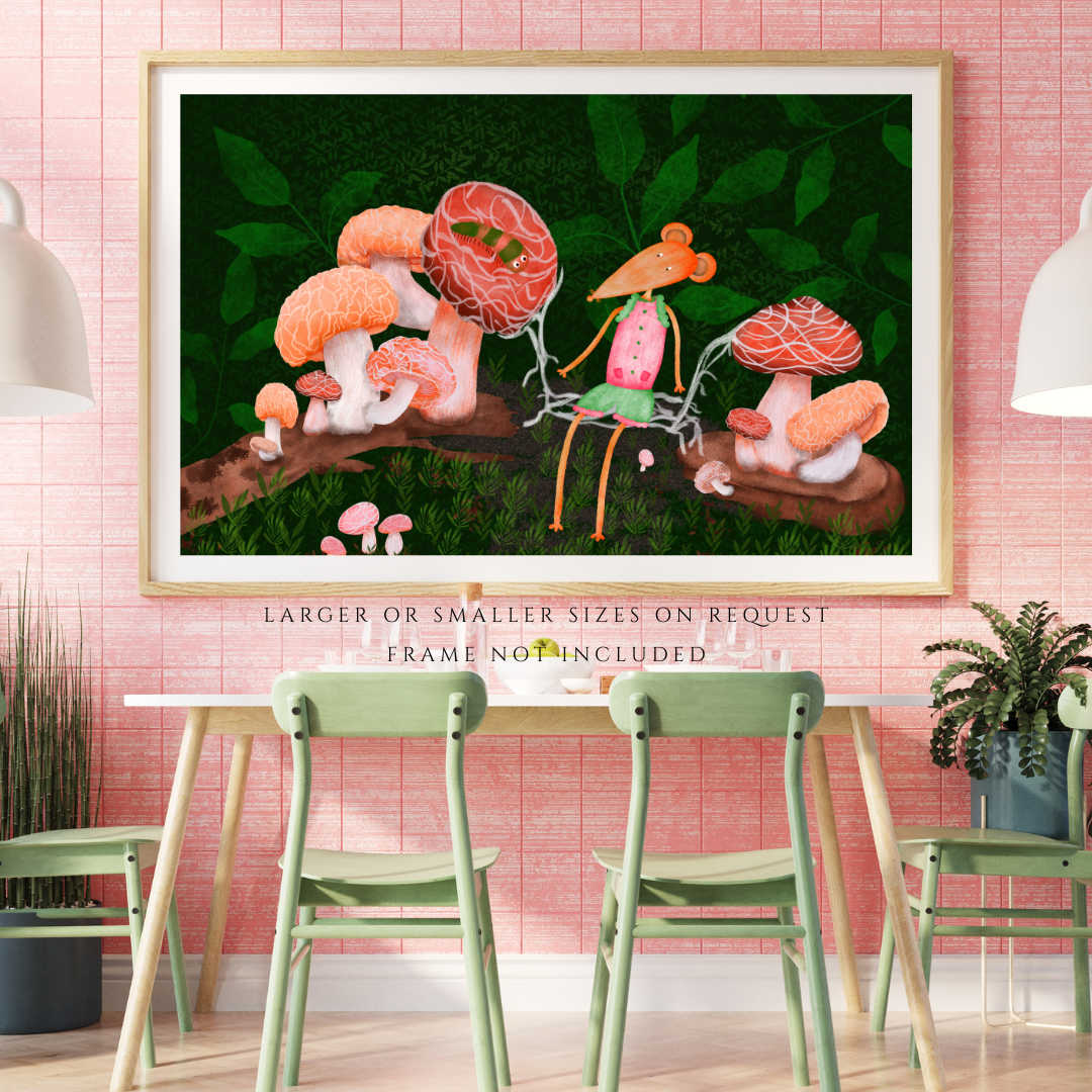 Caterpillar, Woodland Mushrooms and Mouse Wall Art - A2 Art Print (42 x 59.4  cm)