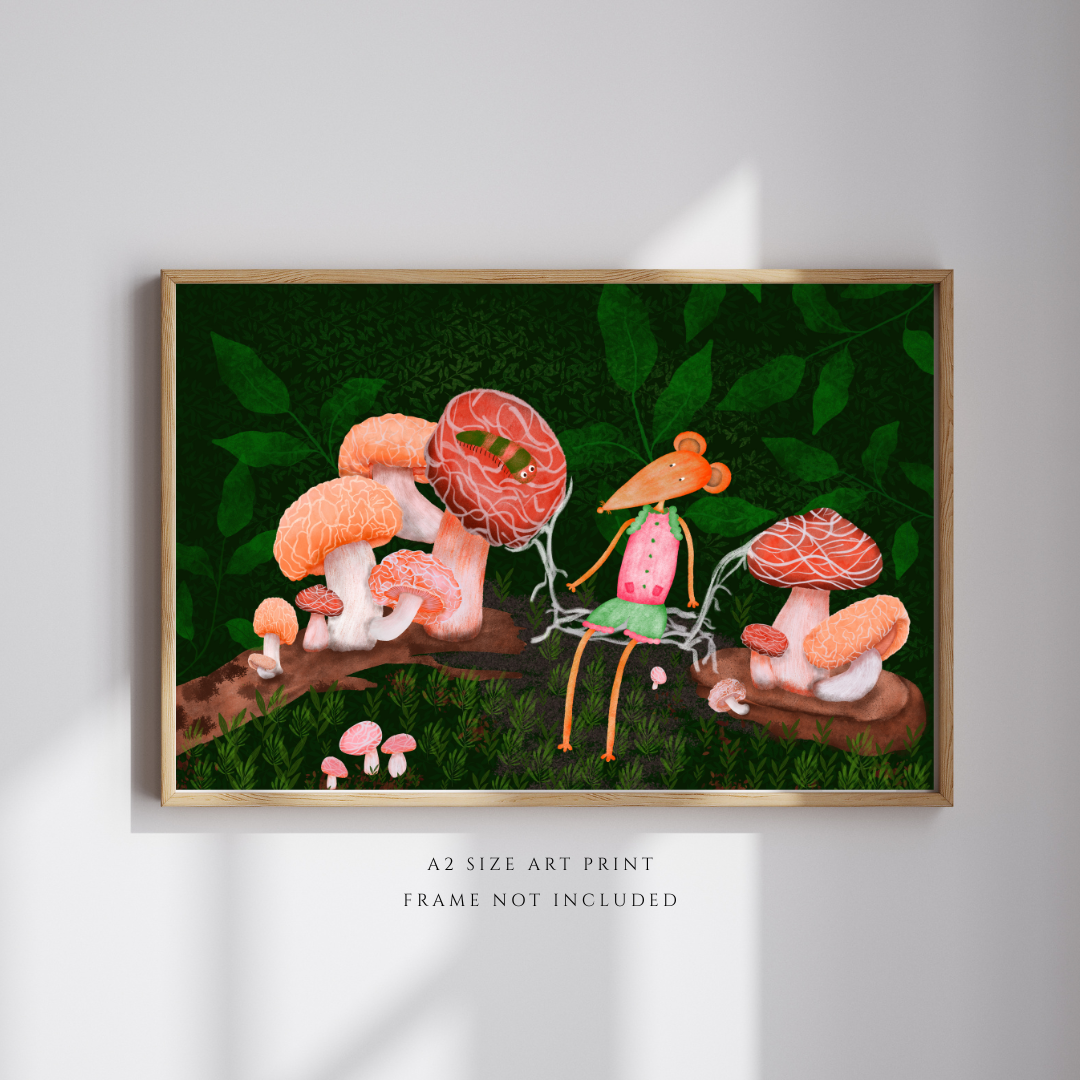 Caterpillar, Woodland Mushrooms and Mouse Wall Art - A2 Art Print (42 x 59.4  cm)