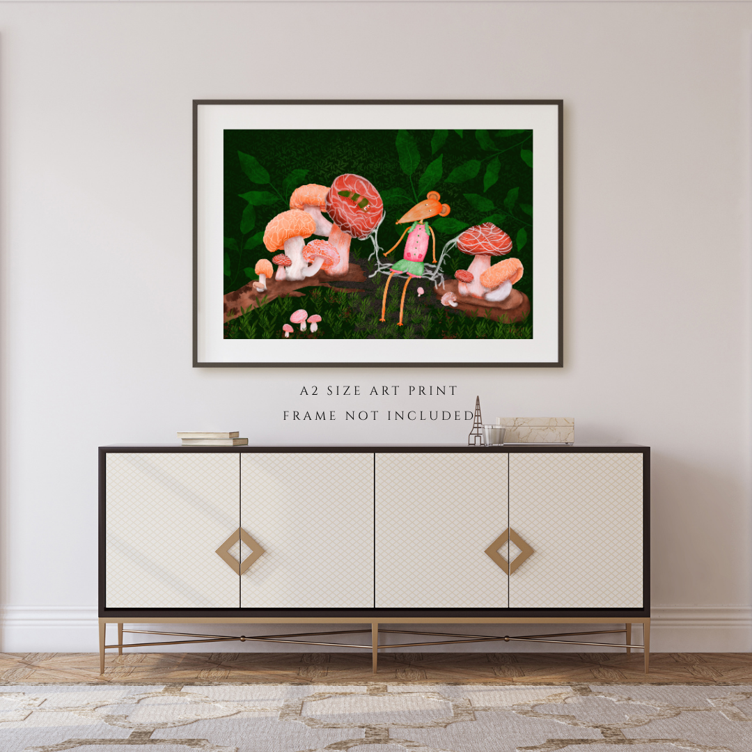 Caterpillar, Woodland Mushrooms and Mouse Wall Art - A2 Art Print (42 x 59.4  cm)