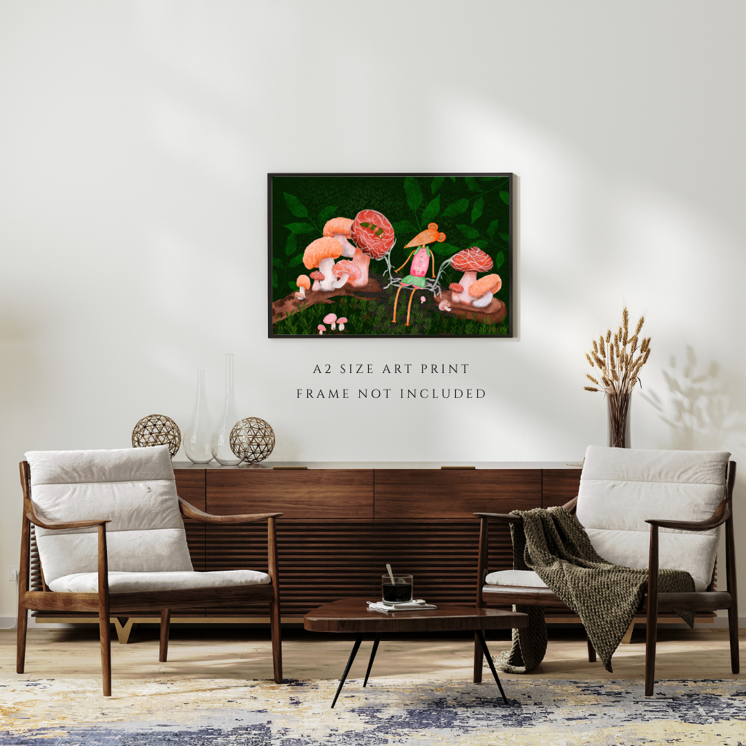 Caterpillar, Woodland Mushrooms and Mouse Wall Art - A2 Art Print (42 x 59.4  cm)