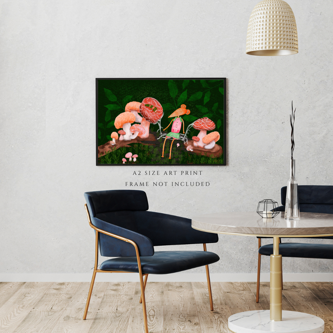 Caterpillar, Woodland Mushrooms and Mouse Wall Art - A2 Art Print (42 x 59.4  cm)
