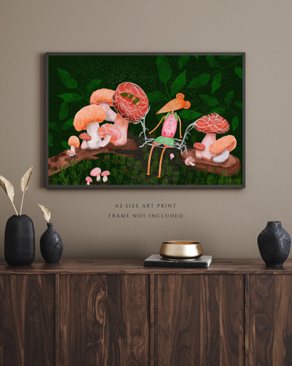 Caterpillar, Woodland Mushrooms and Mouse Wall Art - A2 Art Print (42 x 59.4  cm)